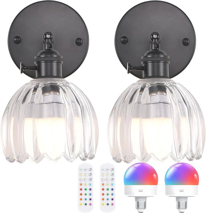 Shenmoyl Vintage Battery Operated Wall Sconce with Transparent Tulip Glass Lampshade Rechargeable Battery Powered Wall Light with Remote Control for Bedside Bedroom Doorway, Set of 2