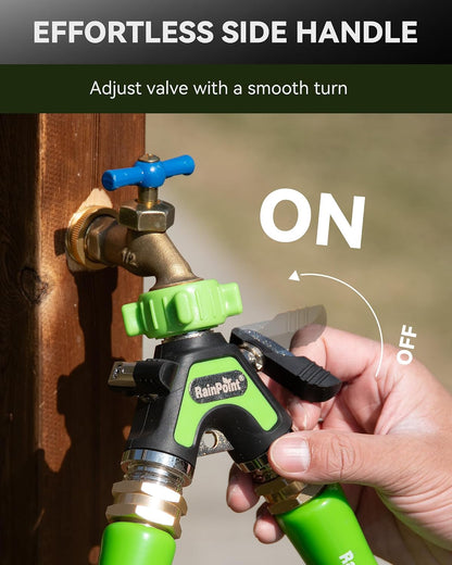 RAINPOINT Garden Hose Splitter 2 Way, All Metal Heavy Duty Water Hose Y Splitter With 2.05" Extra Long Side Handle & Shut Off Valves, 3/4 Inch GHT Thread Connector For Outdoor Spigot Faucet (Green)