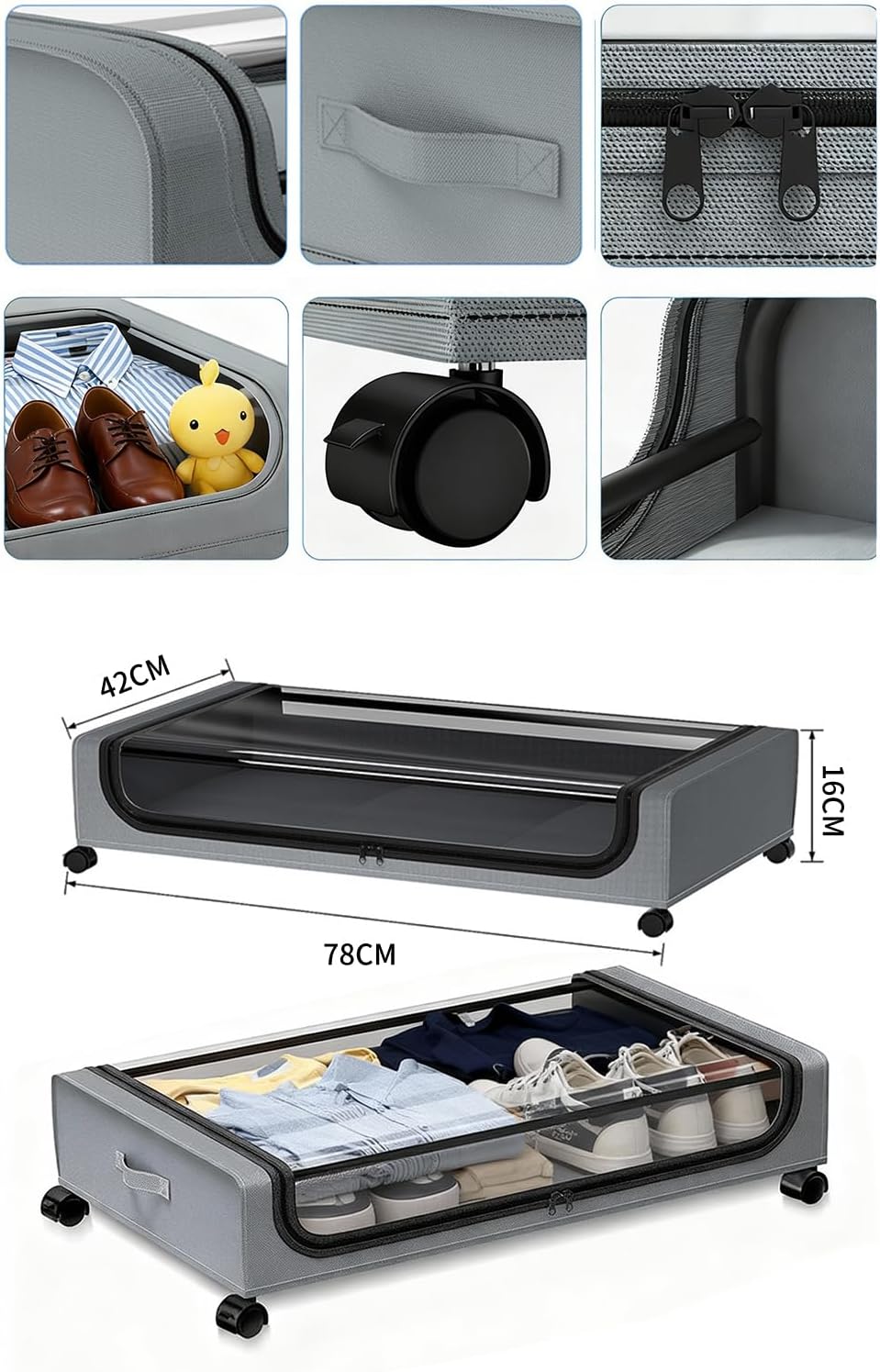 Under Bed Storage with Wheels, 2-Pack Under the Bed Storage Containers with Clear Lids & Label, Underbed Storage Bins, XXXL 85L 11 inches Rolling Metal Drawer for Clothes, Shoes, Toys, Books - Gray