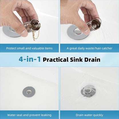 Universal Metal Bathroom Sink Drain Strainer Hair Catcher Upgraded 3 in 1 Pop-up Sink Stopper, with Detachable Stainless Steel Filter Basket, Fit for Standard 1.1''~2.36'' Basin Hole, Brushed Nickle