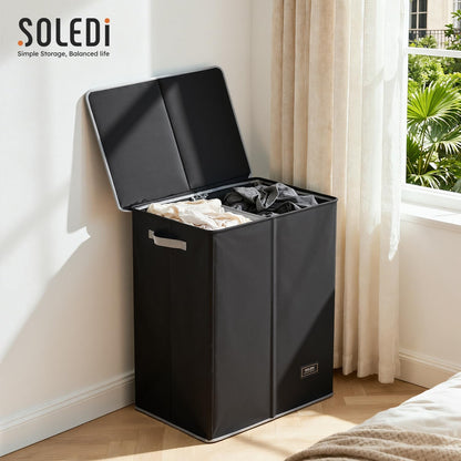 SOLEDI Luxury Double Laundry Hamper with Lid and Removable Bags, 38.3 Gal Large Laundry Bin, Laundry Basket 2 Sections, Collapsible Clothes Hamper for Bedroom, Laundry Room, Bathroom, Off-white