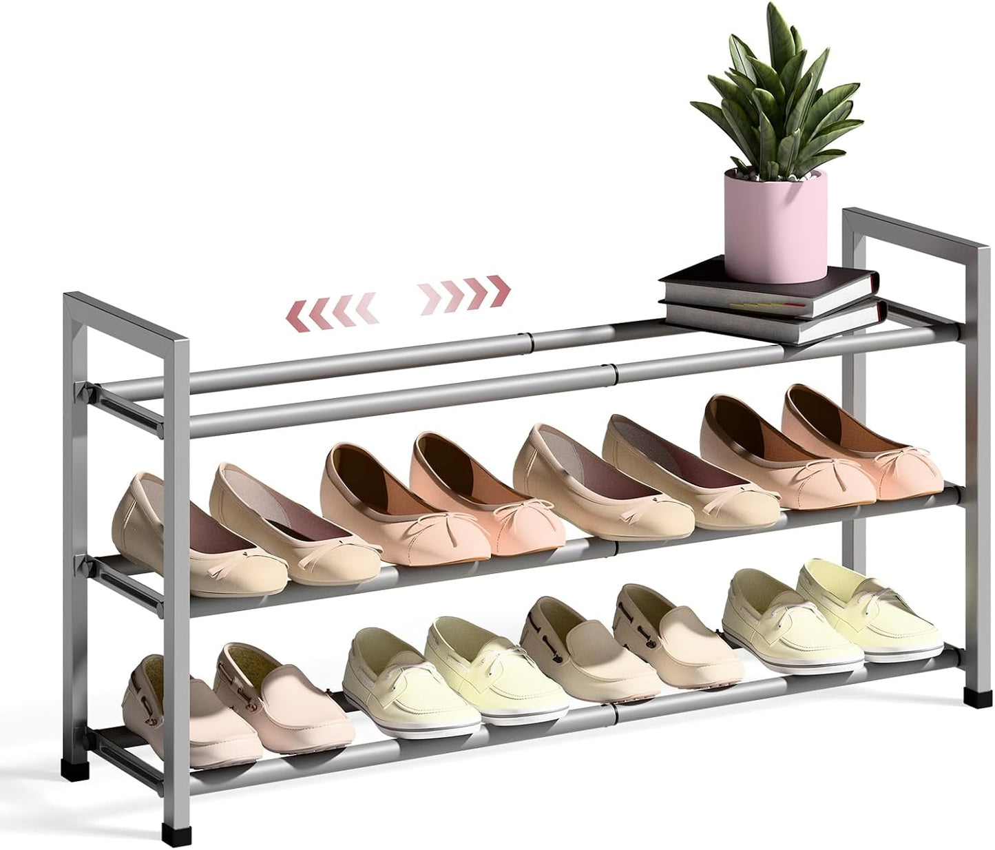 Bumusty 3-Tier Expandable Shoe Rack for Closet, 18“-33” Adjustable Shoe Rack for Small Space, Small Shoe Organizer for Front Door, Sturdy Metal, Black