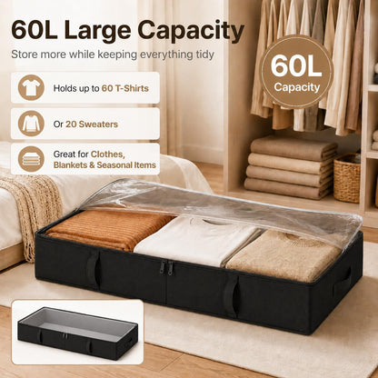 Vailando Side-Supported Under Bed Storage Containers, 6 Inches Tall 60L Underbed Storage Bins with Sturdy Handles and Sidewalls, Closet Organizer for Clothes, Blankets, Seasonal Items, Beige, 2-Pack