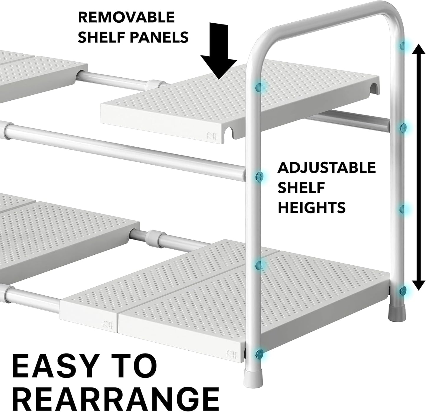 Simple Houseware Under Sink 2-Tier Heavy Duty Expandable Rack Organizer, Adjustable Width 15.75–25 Inches with 4 Shelf Height Levels, Silver