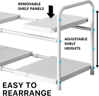 Simple Houseware Under Sink 2-Tier Heavy Duty Expandable Rack Organizer, Adjustable Width 15.75–25 Inches with 4 Shelf Height Levels, Silver