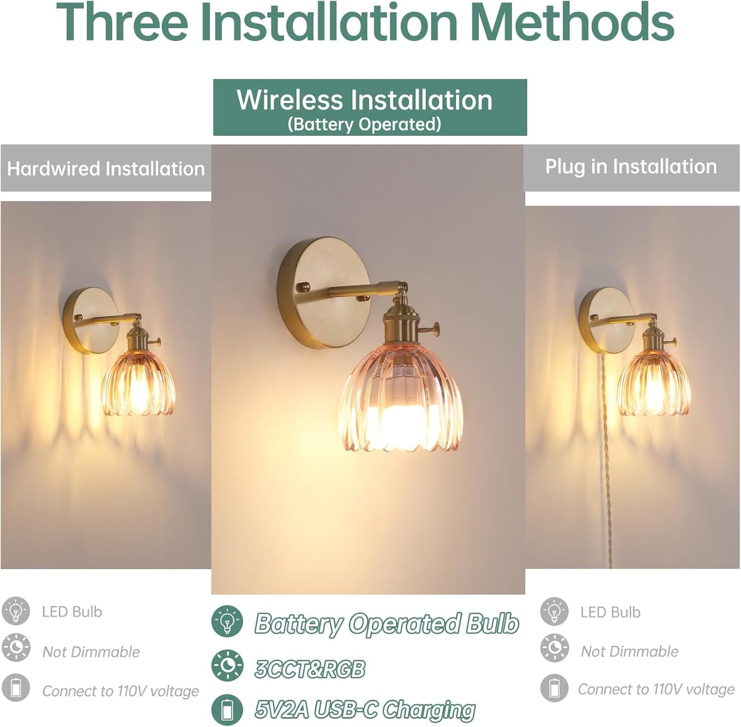 Shenmoyl Vintage Battery Operated Wall Sconce with Transparent Tulip Glass Lampshade Rechargeable Battery Powered Wall Light with Remote Control for Bedside Bedroom Doorway, Set of 2