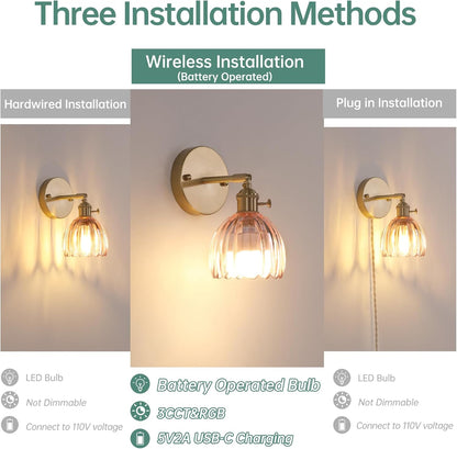Shenmoyl Vintage Battery Operated Wall Sconce with Transparent Tulip Glass Lampshade Rechargeable Battery Powered Wall Light with Remote Control for Bedside Bedroom Doorway, Set of 2