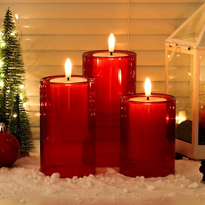 NURADA Flameless Candles with Remote Timer - Glass Real Wax 3D Wick LED Pillar Votive Candle Set Battery Operated Flickering Light for Home Christmas Decoration - White 3 Pack