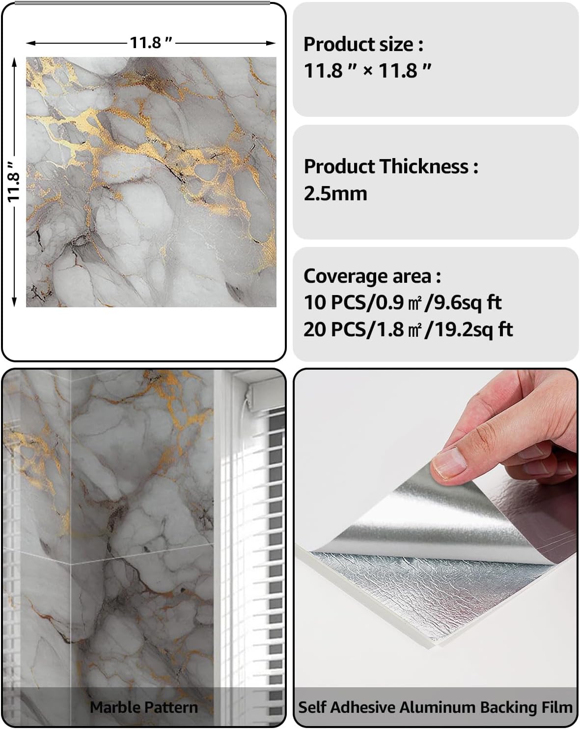 WADILE 10pcs Peel and Stick Shower Waterproof Marble Tiles Wall Panels, 11.8"x11.8" Self-Adhesive Backsplash, for Home Bathroom, Kitchen, Living Room White (Not Real Tile)
