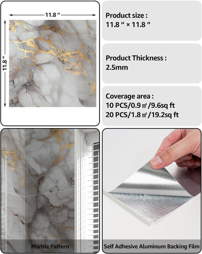 WADILE 10pcs Peel and Stick Shower Waterproof Marble Tiles Wall Panels, 11.8"x11.8" Self-Adhesive Backsplash, for Home Bathroom, Kitchen, Living Room White (Not Real Tile)