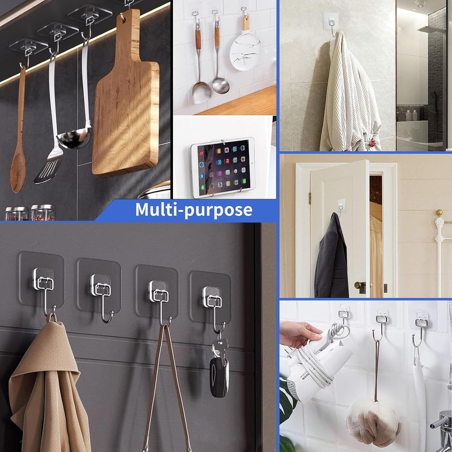 Adhesive Hooks, Hold 33lb(Max) Heavy Duty Sticky Hooks,Waterproof and Rustproof Wall Hooks for Hanging Can be Use Kitchen Bathroom Ceiling Office Window Home Improvement (Transparent 10PCS)