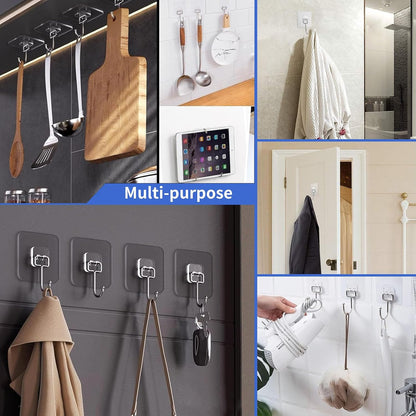 Adhesive Hooks, Hold 33lb(Max) Heavy Duty Sticky Hooks,Waterproof and Rustproof Wall Hooks for Hanging Can be Use Kitchen Bathroom Ceiling Office Window Home Improvement (Transparent 10PCS)
