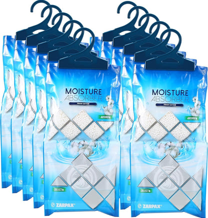 ZARPAX Hanging Moisture Absorber Fresh Cotton 10.6 oz/300g | Moisture Absorbing Bags for Bathroom, Closet, Kitchen & Vehicles | Removes Moisture, Humidity & Odors | Portable Dehumidifier | Set Of 10