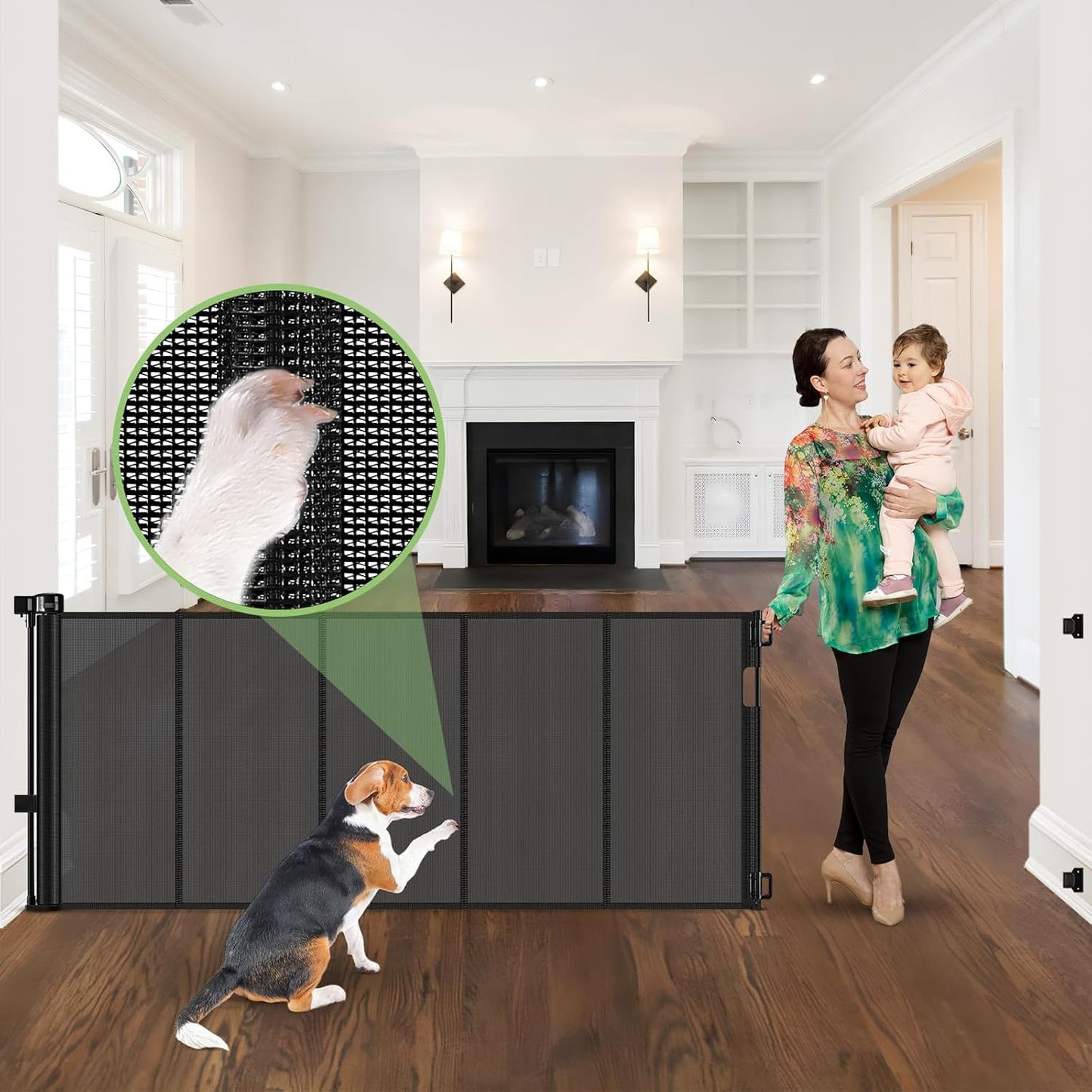 Reinforced 60" Wide Retractable Baby Gates with Upgraded Rods - Bottom Anti-Escape, 5 ft Mesh Baby Gate Retractable Dog Gate Indoor Pet Gate Retractable Stair Gate Outdoor Retractable Gate, Black