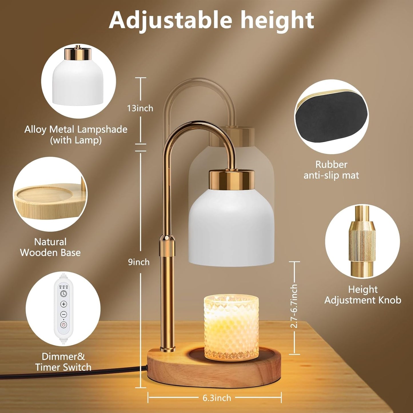 Candle Warmer Lamp with Timer Dimmer, Height & Brightness Adjustable | Black Electric Wax Warmer for Women Mom, Christmas & Birthday Gift, House Warming Gift New Home Decor