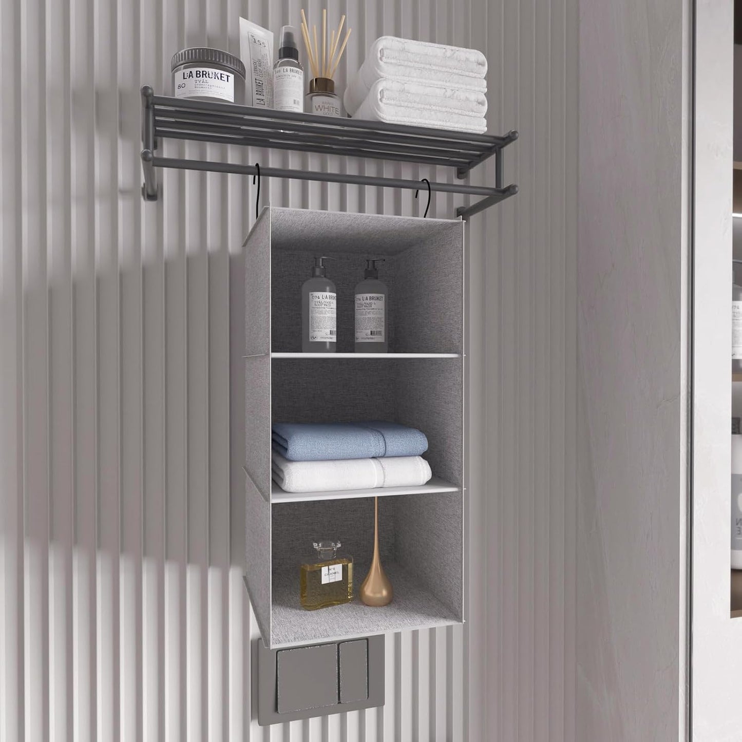 Hanging Closet Organizer 3-Shelf, Oxford Fabric Wardrobe Storage, Gray | Easy-mount foldable design holds clothes, handbags, shoes & accessories; washable Oxford fabric, sturdy and space-saving.