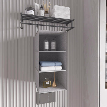 Hanging Closet Organizer 3-Shelf, Oxford Fabric Wardrobe Storage, Gray | Easy-mount foldable design holds clothes, handbags, shoes & accessories; washable Oxford fabric, sturdy and space-saving.