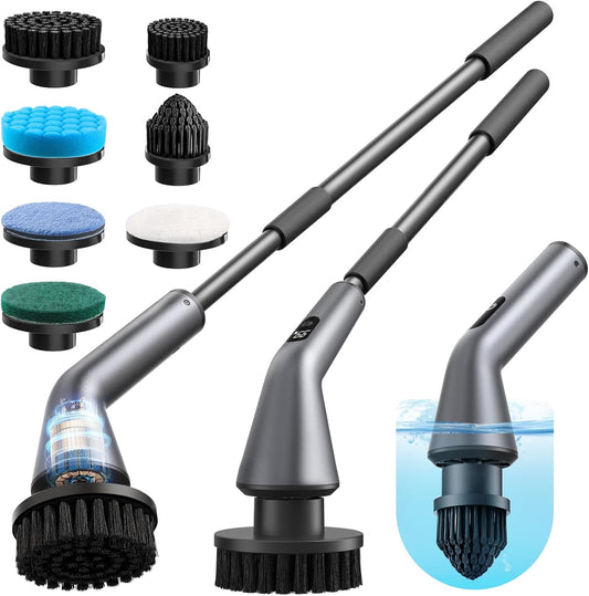 VICNOVA Electric Spin Scrubber, IPX7 Waterproof 2-Speed, Extendable Long Handle Cordless Cleaning Brush with 7 Replacement Brush Heads for Bathroom Shower Bathtub Glass Tub Tile Floor Car