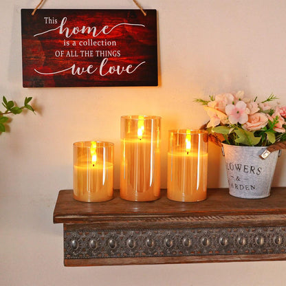 Homemory Green Glass Flameless Candles, Battery Operated LED Pillar Candles with Remote Control and Timer, Radiance Candles, Real Wax, Set of 3,D3 xH4 5" 6"