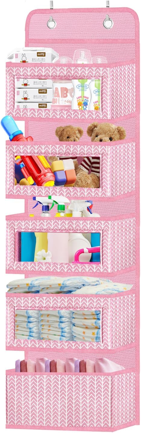 Over The Door Hanging Organizer Storage with 5 Large Pockets,Wall Mount Clear Windows and 2 Widened Metal Hooks for Pantry,Nursery,Diapers,Bathroom,Kitchen,Closet,Dorm