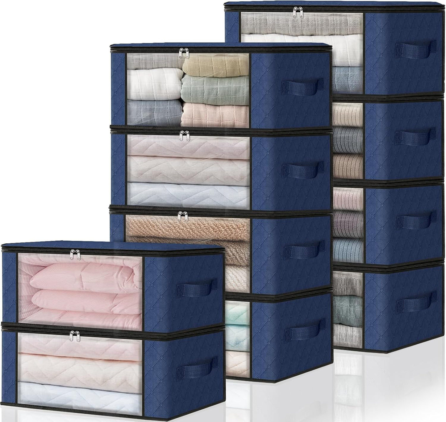 HomeHacks Storage 3-Pack Clothes Organizer Storage Bags Foldable Storage Box with Large Clear Window Sturdy Handles for Closet, Dorm, Pillows, Bedding, Clothes, Blankets, 35L, Gray