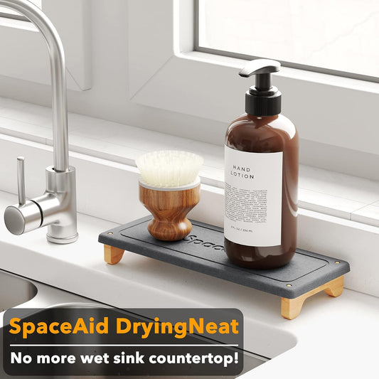 SpaceAid DryingNeat Sink Organizer, Instant Dry Sink Caddy Organizers, Kitchen Sponge Soap Holder Dispenser, Countertop Fast Drying Rack (Bamboo Feet, Gray)