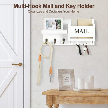 Lwenki Mail Organizer for Wall Mount – Key Holder with Shelf Includes Letter Holder and Hooks for Hallway Farmhouse Decor – Rustic Wood with Flush Mounting Hardware (16.5” x 9.1” x 3.4”) (White)