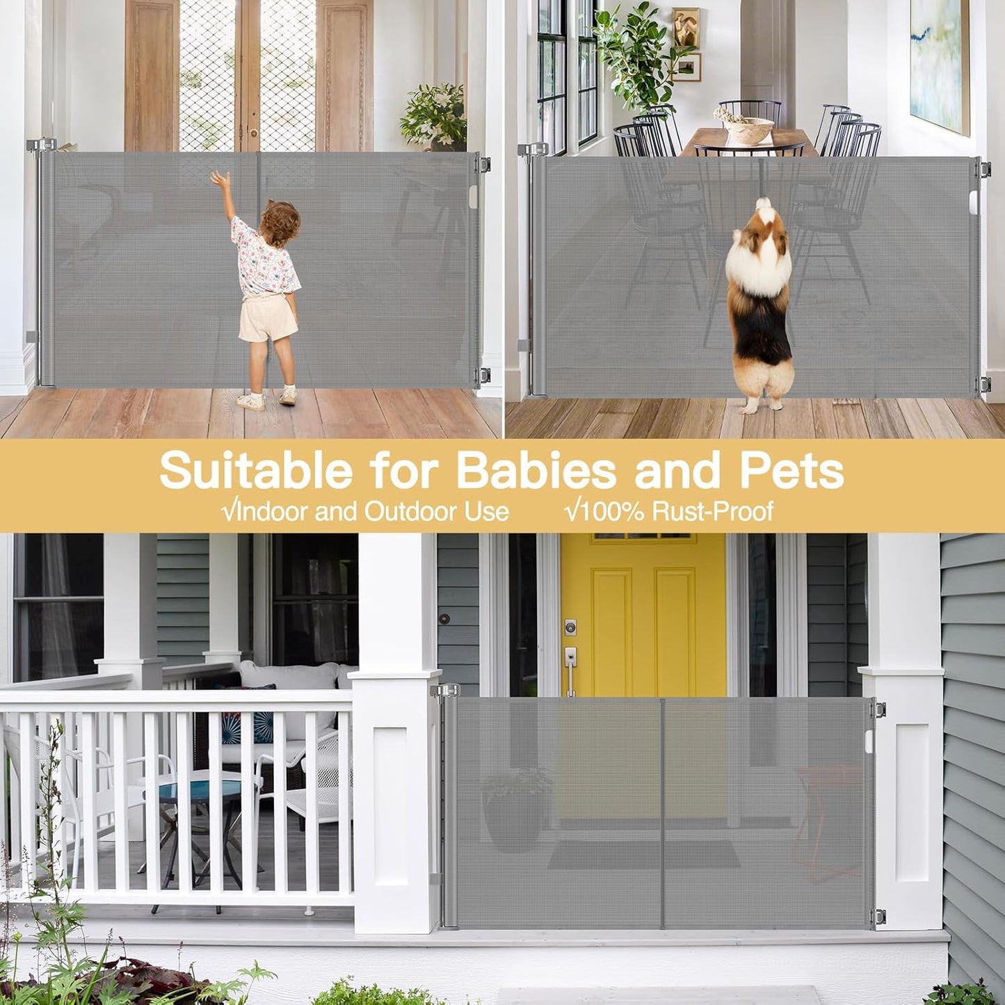 Newly Enhanced - 42" Tall × 120" Extra Wide Retractable Baby Gate Keeps Pets from Getting Under Tall Dog Gate, Indoor/Outdoor Baby Gates for Dogs, Retractable Dog Gate for Large Openings, White
