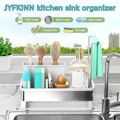 Sink Caddy Organizer, Kitchen Sponge Holder for Sink with Quick Drain Tray & Detachable Towel Rack, Sturdy Rustproof Kitchen Countertop Organizer for Sponge Soap Dispenser (White)