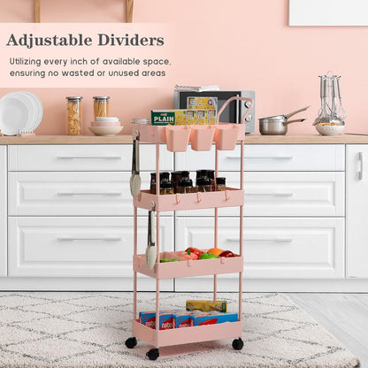 danpinera Storage Cart on Wheels, 3 Tier Slim Laundry with Wheels Bathroom Organizer with Hanging Cups Hooks Dividers Handle Mobile Rolling Art Cart for Bathroom Kitchen Narrow Places, White