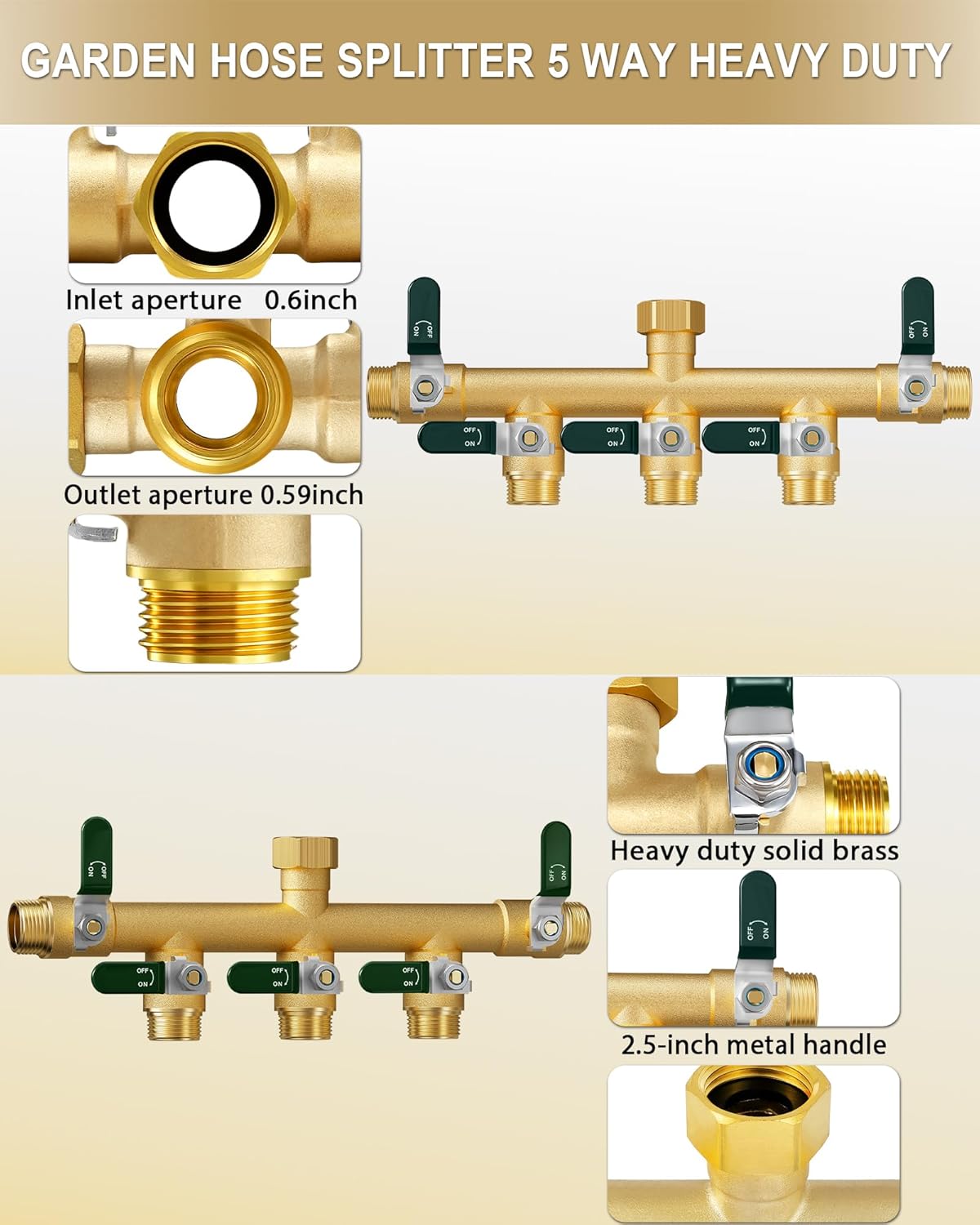EBH Garden Hose Splitter 2 Way, Heavy Duty Solid Brass Hose Splitter with Shutoff Valves, Water Spigot Splitter With 304 Stainless Steel Handle, Full Flow Outdoor Faucet Splitter, 3/4" GHT Thread