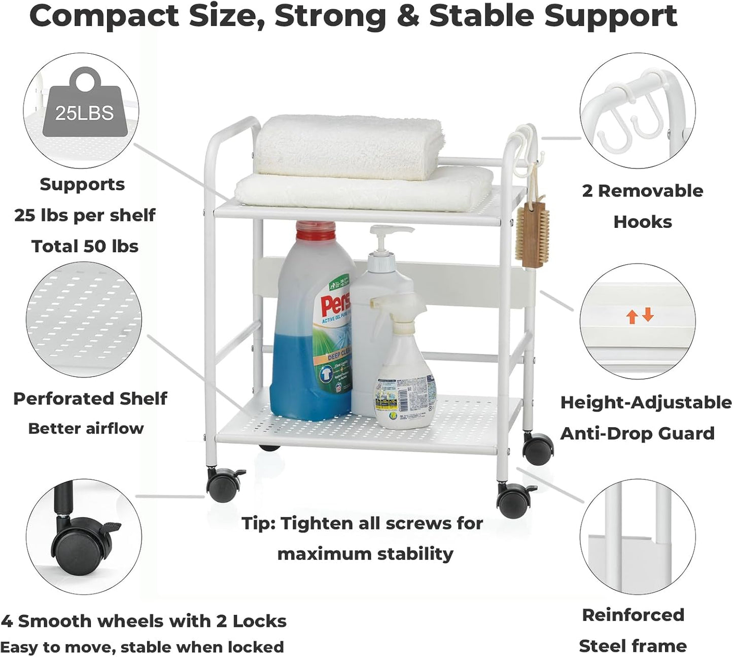 2-Tier Metal Rolling Cart, Compact Under Desk Storage Organizer | 12.2" clearance fits binders & tall bottles; anti-drop safety guard; small space mobile shelf for home, bedroom & office.
