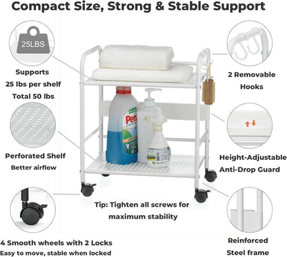 2-Tier Metal Rolling Cart, Compact Under Desk Storage Organizer | 12.2" clearance fits binders & tall bottles; anti-drop safety guard; small space mobile shelf for home, bedroom & office.