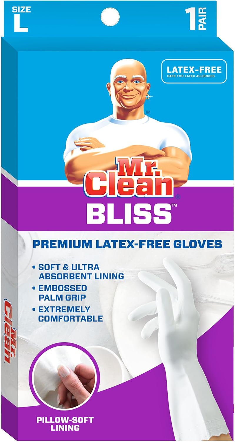 Mr. Clean Bliss Cleaning Gloves Premium Reusable Vinyl Latex-Free Gloves with Non-Slip Grip, Large