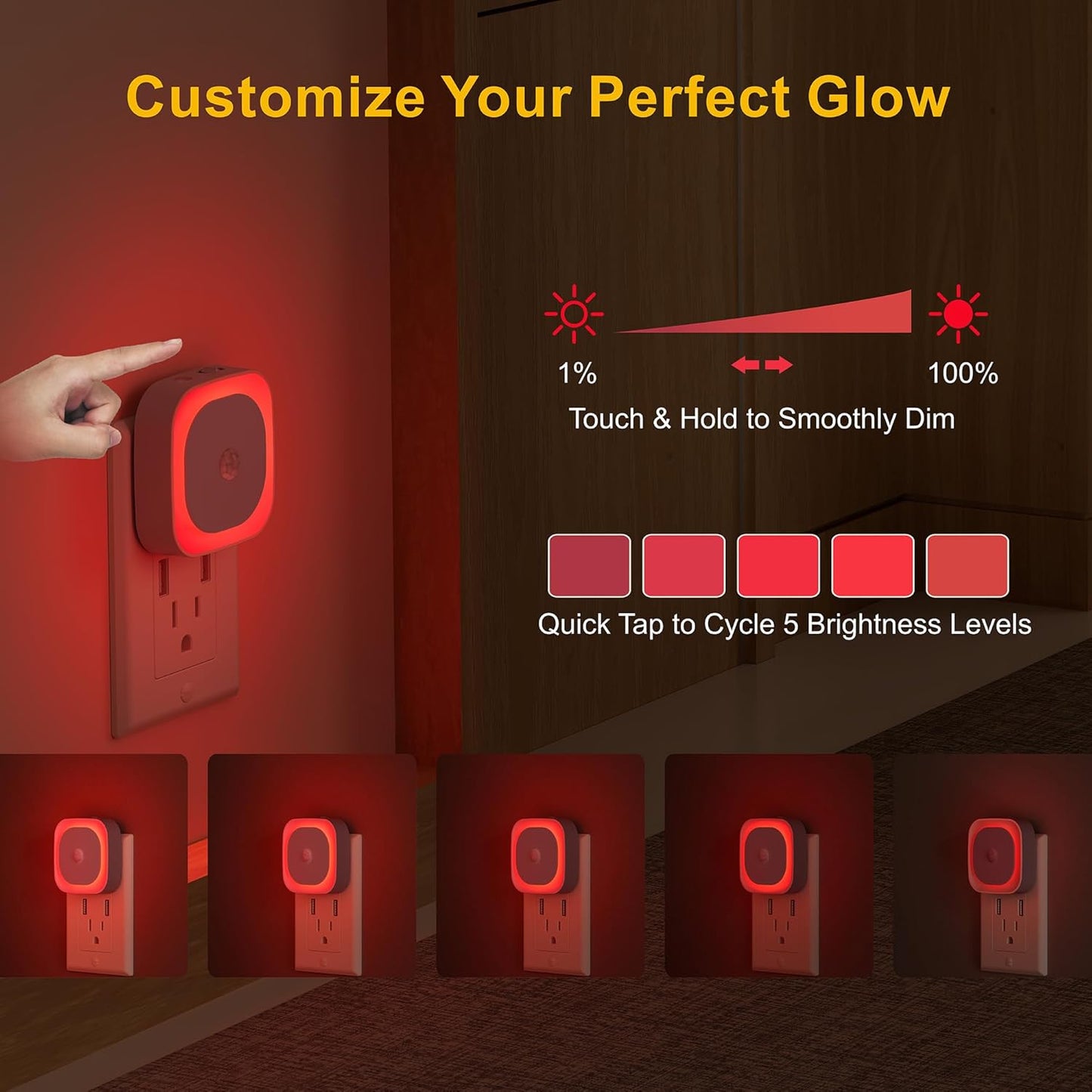 YUNLEX 2 Pack Plug in Red Sleep Night Light with Motion Sensor & Dusk to Dawn Sensor, Soft Glow, 0% Blue Light, Dimmable, Auto On/Off, LED Lights for Bedroom, Kids, Bathroom, Hallway, as Mother Gifts