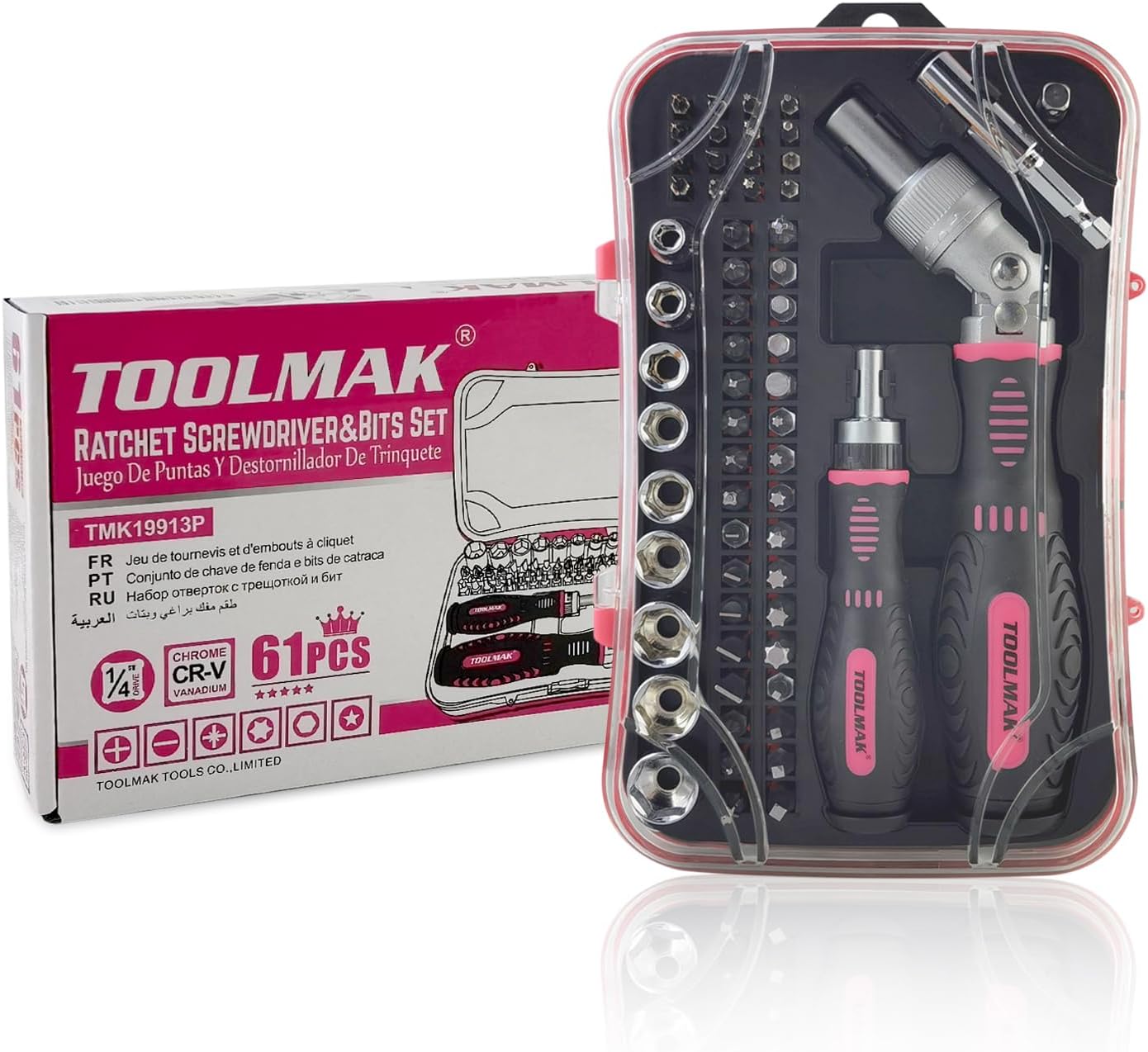 TOOLMAK 61pcs Ratcheting Screwdriver, Socket & Precision Bit Set | Cr-V Steel, Rotatable Handle, Storage Case Included, Ideal for Bike, Watch & Glasses Repair