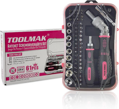 TOOLMAK 61pcs Ratcheting Screwdriver, Socket & Precision Bit Set | Cr-V Steel, Rotatable Handle, Storage Case Included, Ideal for Bike, Watch & Glasses Repair