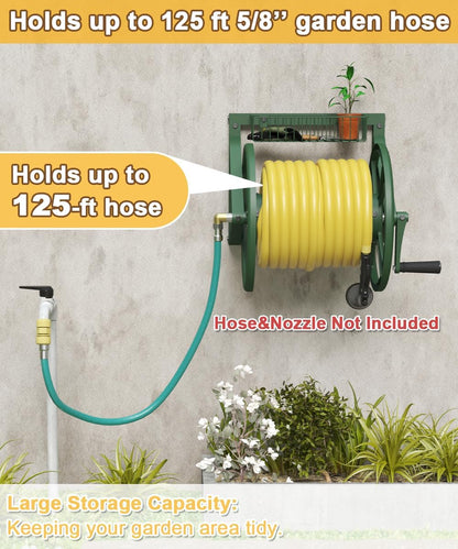 Artigarden Triangle Wall Mounted Garden Hose Reel, Outdoor Heavy-Duty Water Hoses Holder Winder, Holds 125 Ft of 5/8-Inch Hose, with 3.9 ft Leader Hose, Brass Fitting, Storage Basket for Yard, Black