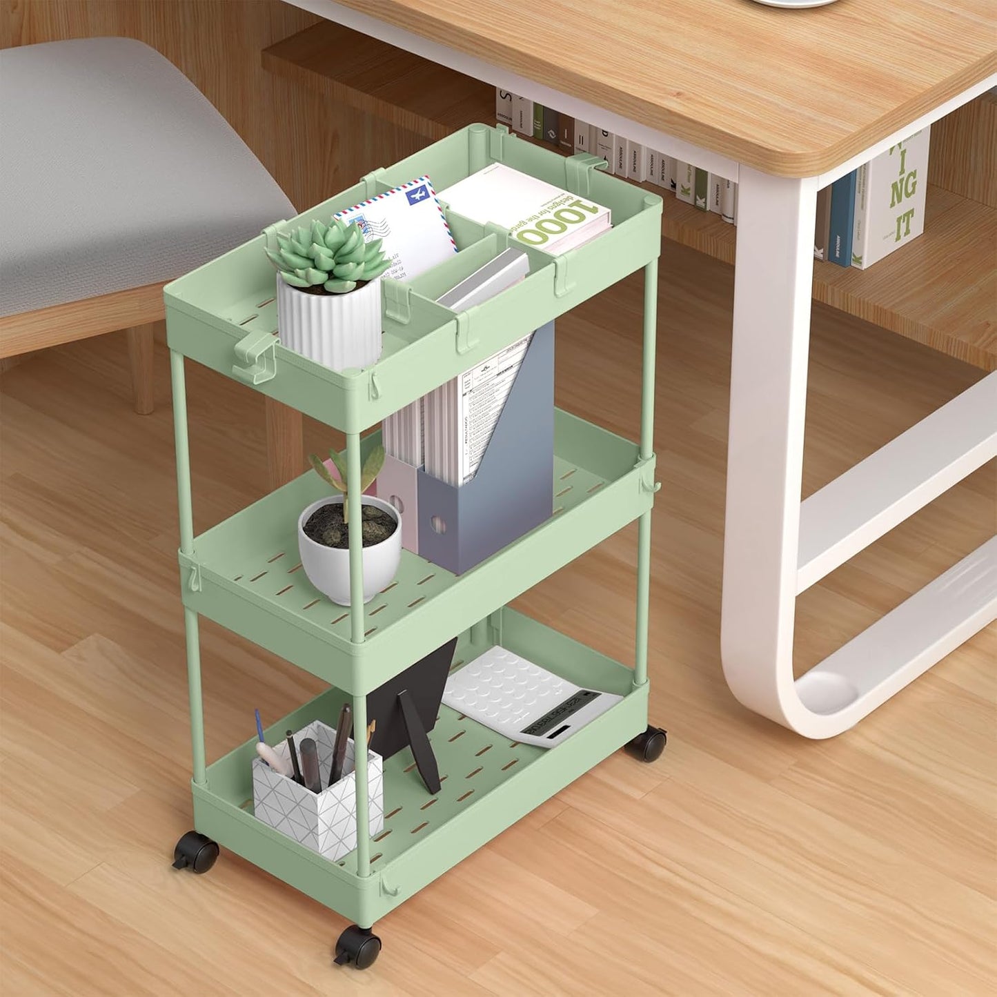 SPACELEAD 3 Tier Rolling Cart with Wheels, Storage Craft Art Trolley Organizer Serving, 3 Hanging Baskets Easy Assembly, for Office, Bathroom，Living Room, Kitchen, White