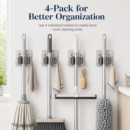 Broom Holder Wall Mount 4 Pack, Heavy Duty Mop and Broom Holder with Hooks, 304 Stainless Steel Broom Hanger, Self Adhesive or Screw Mount Organizer for Kitchen Laundry Garage
