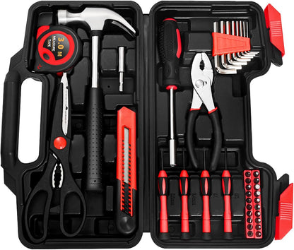 144-Piece General Household Hand Tool Kit with Plastic Toolbox Pink | Basic General Hand Tool Kit, Household Tool Set, for Home Repair, Office & College Dormitory Use, Daily Use for Women
