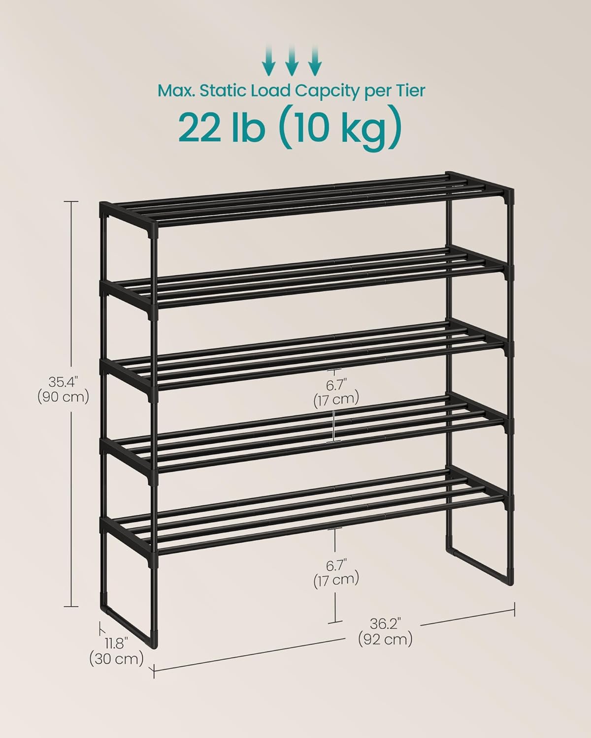 SONGMICS Shoe Rack, 6-Tier Shoe Organizer, Metal Storage Shelf, Upright or Upside Down, for 24-30 Pairs, Stackable, for Entryway, 11.8 x 36.2 x 42.7 Inches, Black ULSA306BH01