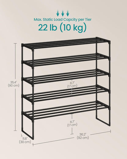 SONGMICS Shoe Rack, 6-Tier Shoe Organizer, Metal Storage Shelf, Upright or Upside Down, for 24-30 Pairs, Stackable, for Entryway, 11.8 x 36.2 x 42.7 Inches, Black ULSA306BH01