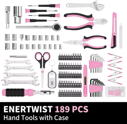 ENERTWIST Pink Tool Kit for Women, 189-Piece Premium Household Hand Tool Set with Lightweight Portable Box, Perfect for Home DIY Repair, Furniture Assembly, Ideal Gift for Women & Housewarming