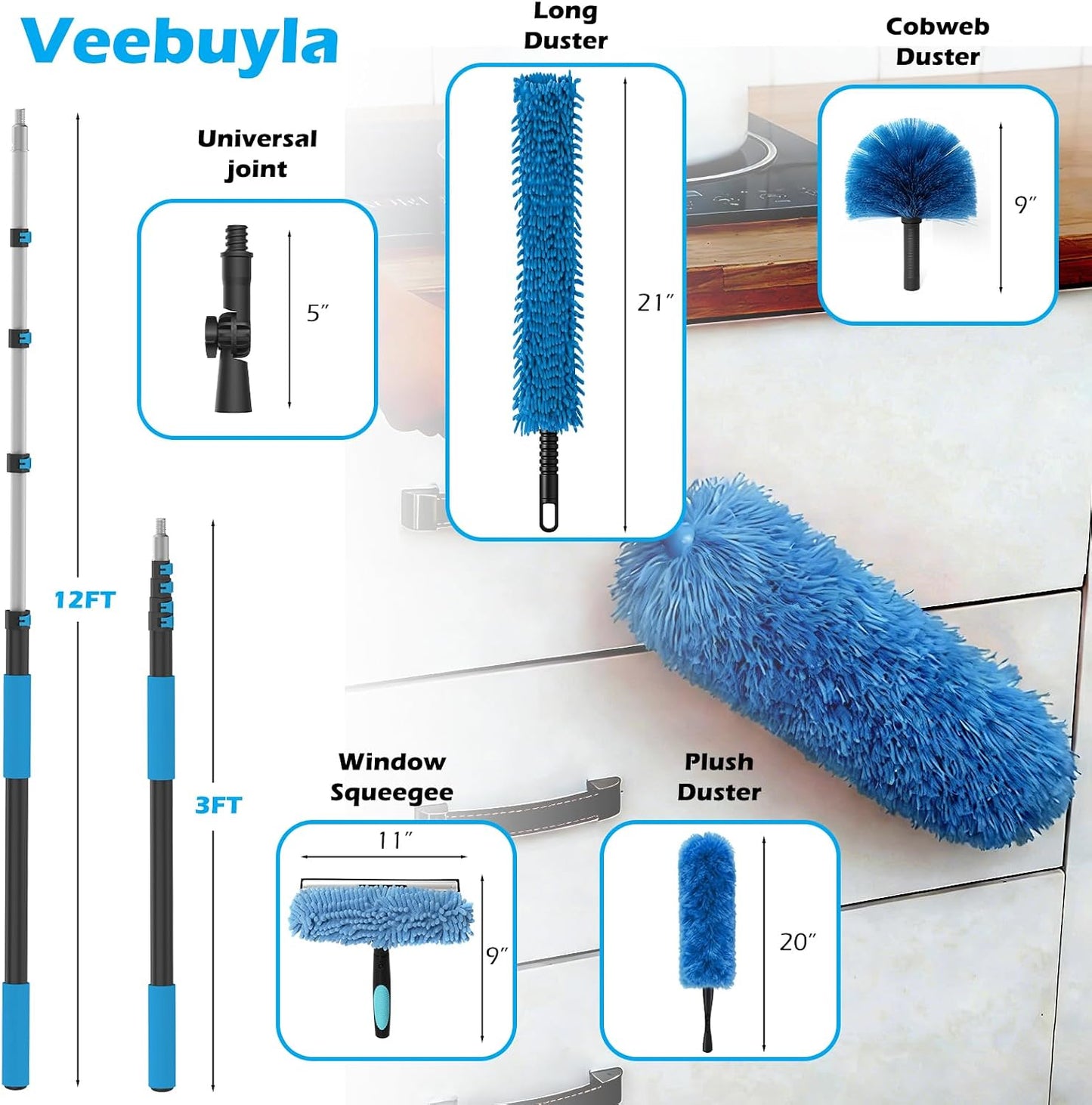 25FT Reach High Ceiling Duster Kits with 5-20FT Adjustable Pole - Includes Extra Long Duster, High Ceiling Duster, Rotatable Window Squeegee & Cobweb Duster for Ceiling Fans and Whole House Cleaning