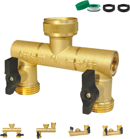 Hose Splitter, Garden Hose Splitter 2 Way with 304 Stainless Steel Long Handle, Heavy Duty Outdoor Brass Hose Splitter Y Tap Splitter 4" Extra Long Metal Handle, 3/4" GHT Thread