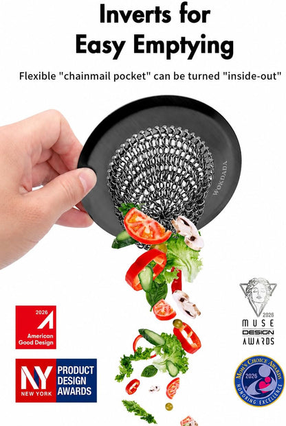 Revolutionary Kitchen Sink Drain Strainer/Patented Reversible Chain Mesh, Effortless Cleaning & Debris Catcher, Large Capacity, Anti-Clog, 304 Stainless Steel & Rust-Proof/Handmade