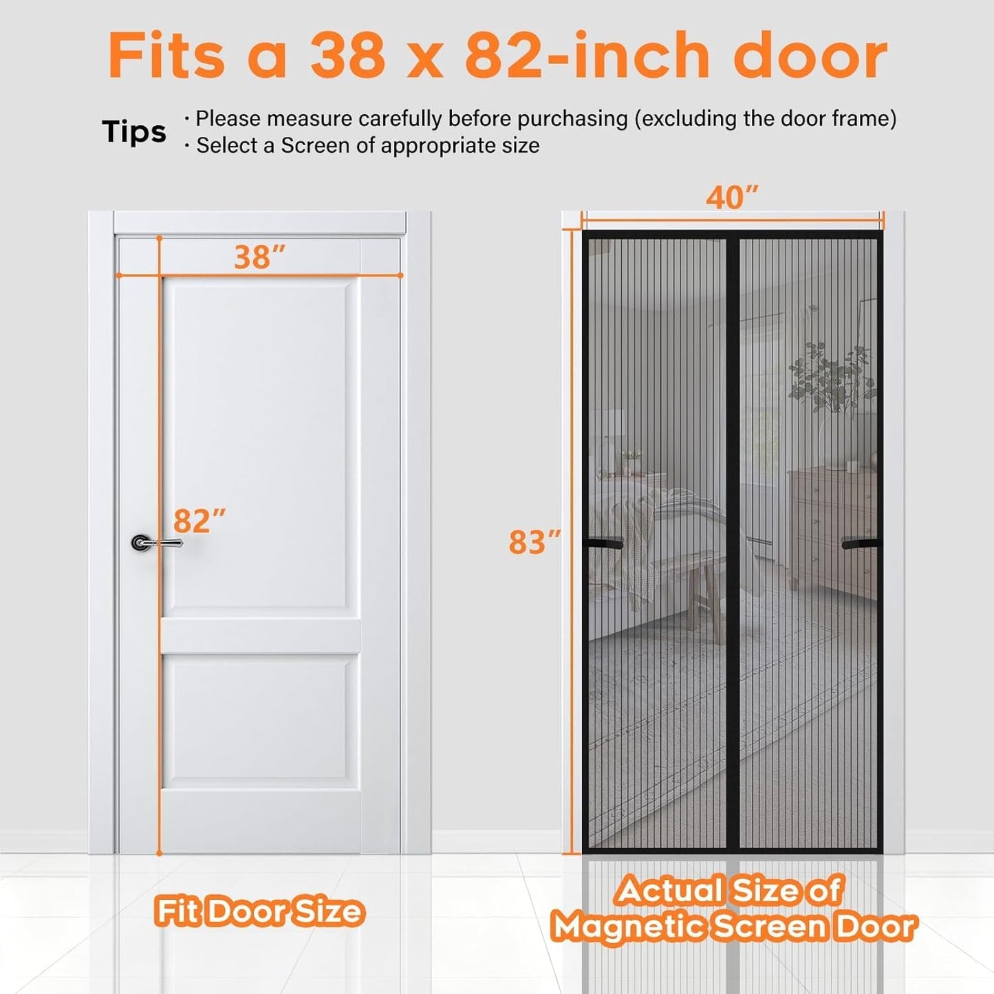 Magnetic Screen Door, Screen Door Mesh, Heavy-Duty Mesh Curtain, Door Net Keep Bugs Out, Hands Free Partition, Screen Size 38” × 83”, Fits 36” × 82” Doors, Pet & Kid Friendly, Black