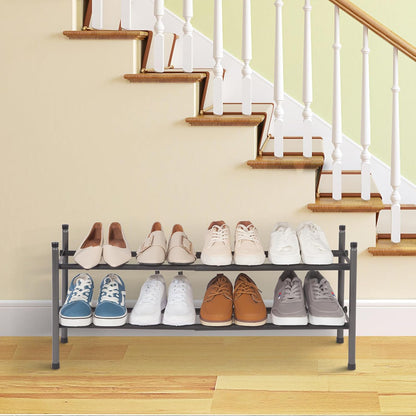 STORAGE MANIAC Expandable Shoe Rack for Closet, 8 Pairs Stackable Small Shoe Rack, Metal Adjustable Shoes Organizer for Entryway, Hallway, Garage, Front Door, Shoes Shelves, Black 2 Tier