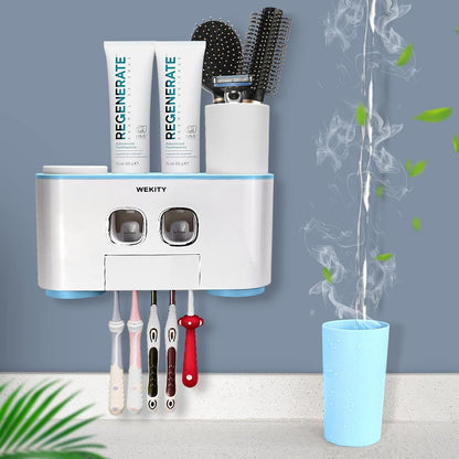 Toothbrush Holder Wall Mounted, WEKITY Multi-Functional Toothbrush and Toothpaste Dispenser for Bathroom, with 5 Toothbrush Slots, 2 Toothpaste Squeezers and 4 Cups(Grey)